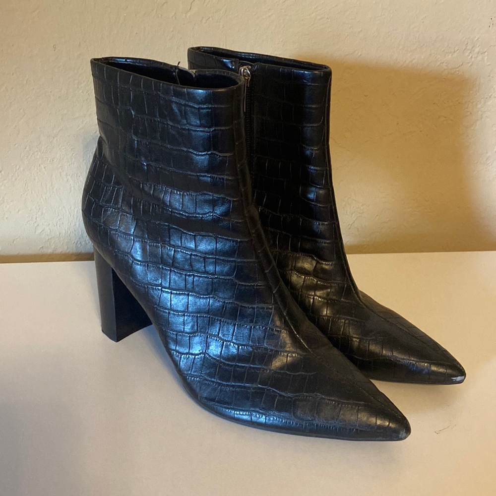Black snake skin pointed toe booties